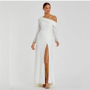 MAC DUGGAL White Beaded Cuff Drop Shoulder Faux Wrap Gown 4